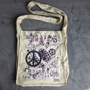 Vtg Vanity Women Love & Peace Graphic Tote Bag Crossbody Cream 100% Cotton